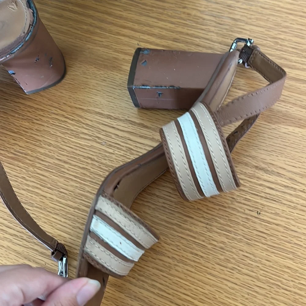 Coach Princeton Leather Strappy Slingback Sandal Tan Brown Stripe Block Heel